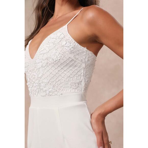 NWT Lulus Memorable Occasion White Beaded Sequin Wide-Leg Jumpsuit Glam Bling S - Picture 5 of 10
